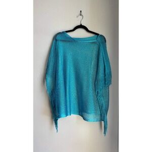 J Francis Metallic Fishnet Mesh Fringe Poncho Top Beach Coverup Y2K Resortwear